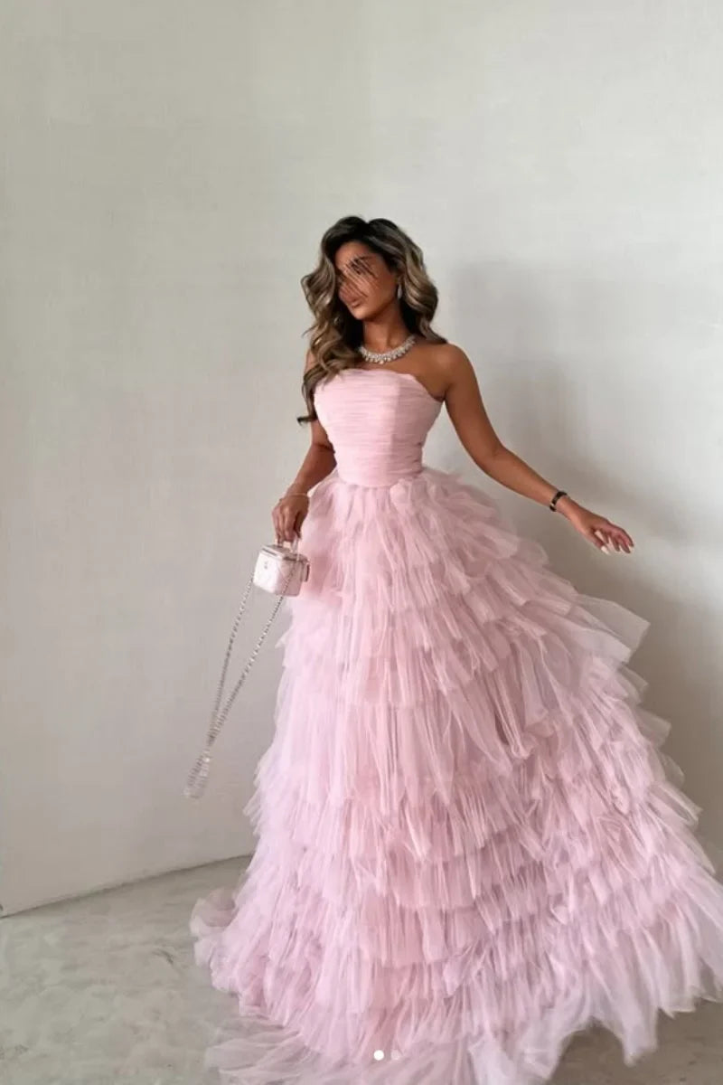 Pink Hand-pleated Tulle Multi-layer Prom Dresses