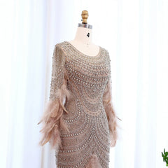 Feather Nude Mermaid Long Sleeves Elegant Gown