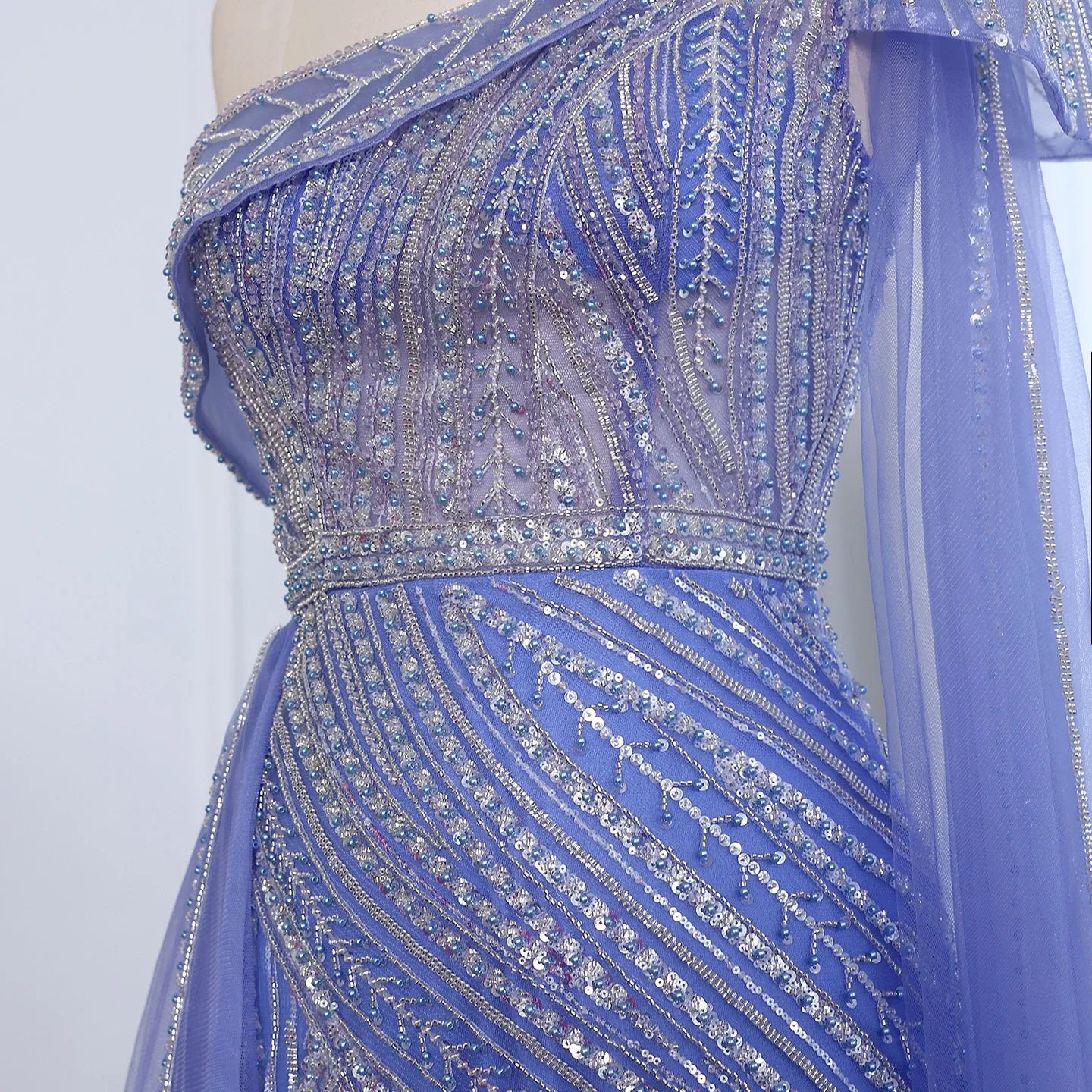 One-Shoulder Cape Sleeves Overskirt Party Gown