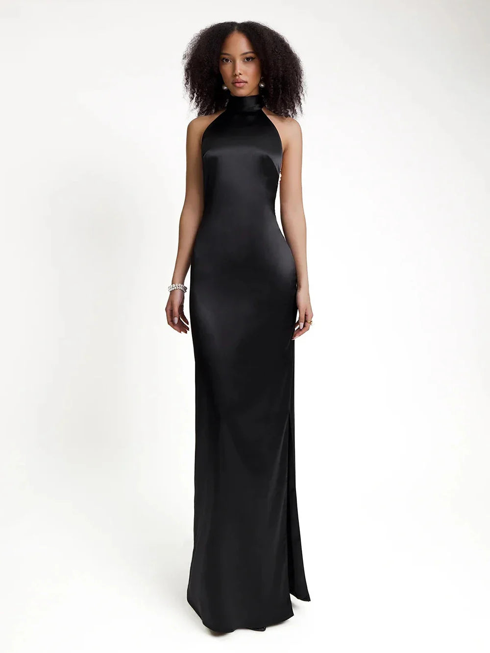 High Neck Satin Bareback Sleeveless Long Dress