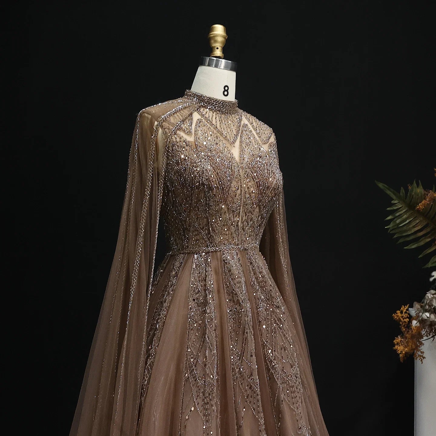 Pink Cape Sleeves Brown Party Gown