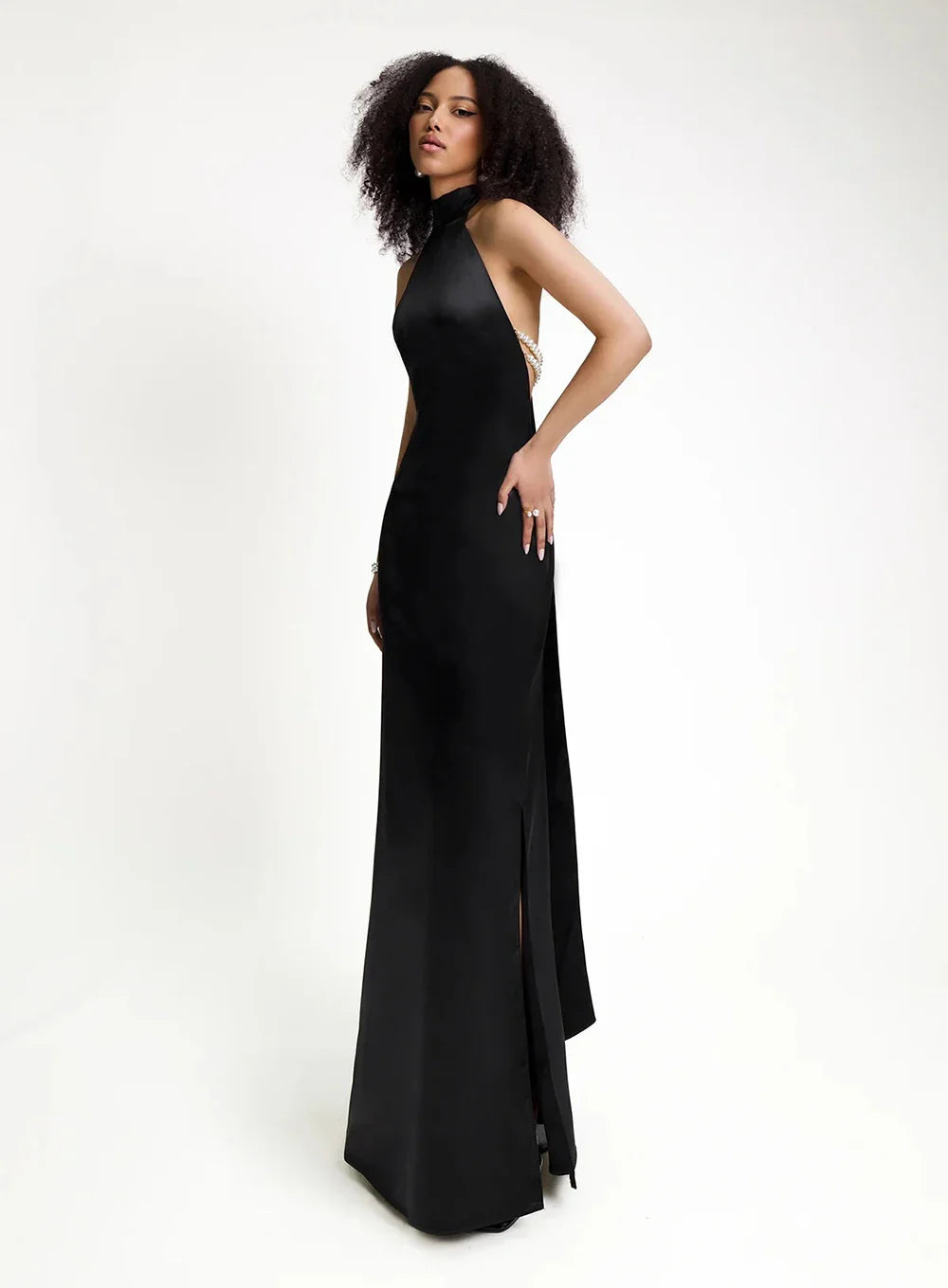 High Neck Satin Bareback Sleeveless Long Dress