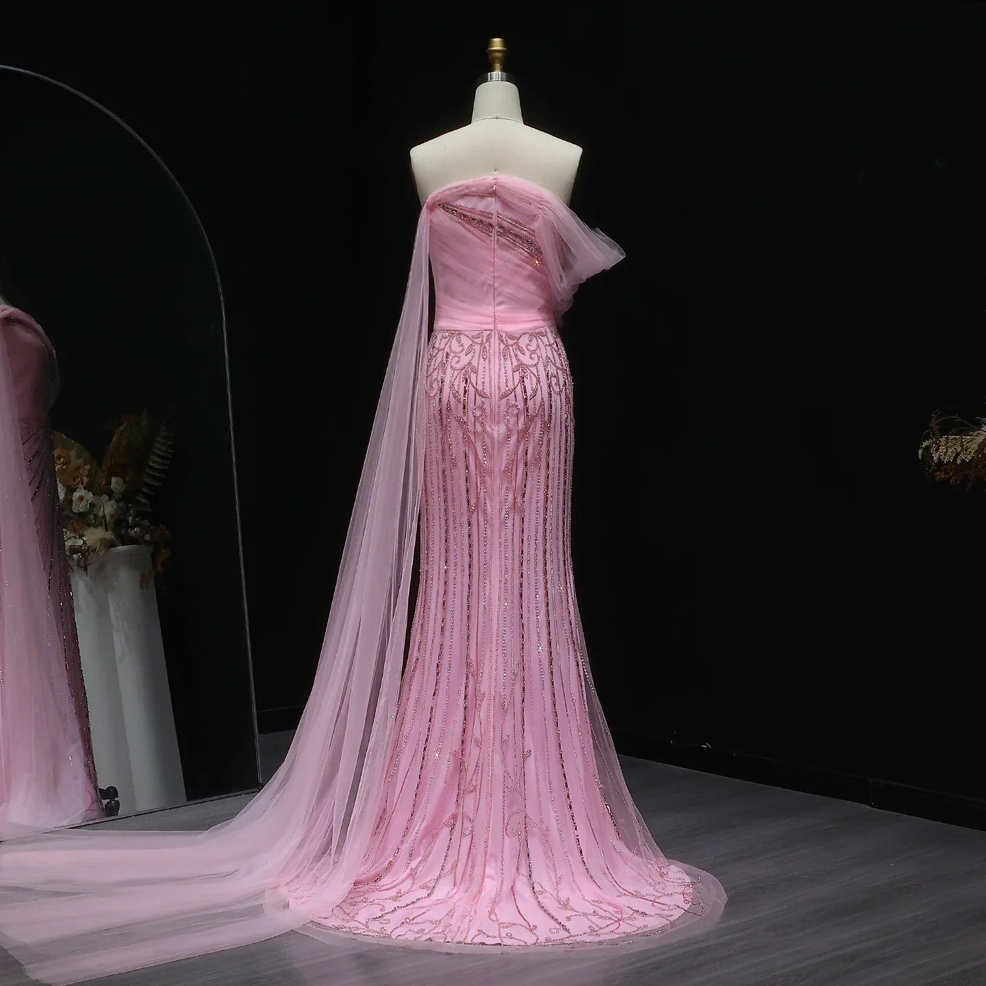 Off-Shoulder Flowing Cape Sleeves High Slit Prom Dress