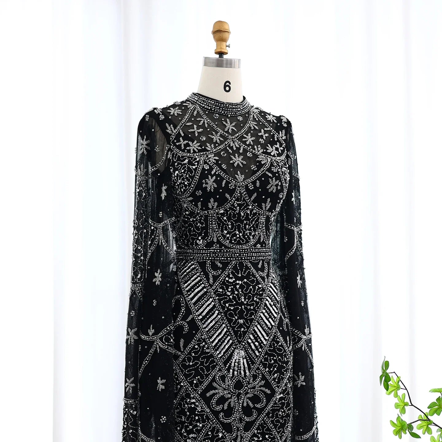 Black Beaded Flare Long Sleeves High Neck Gowns