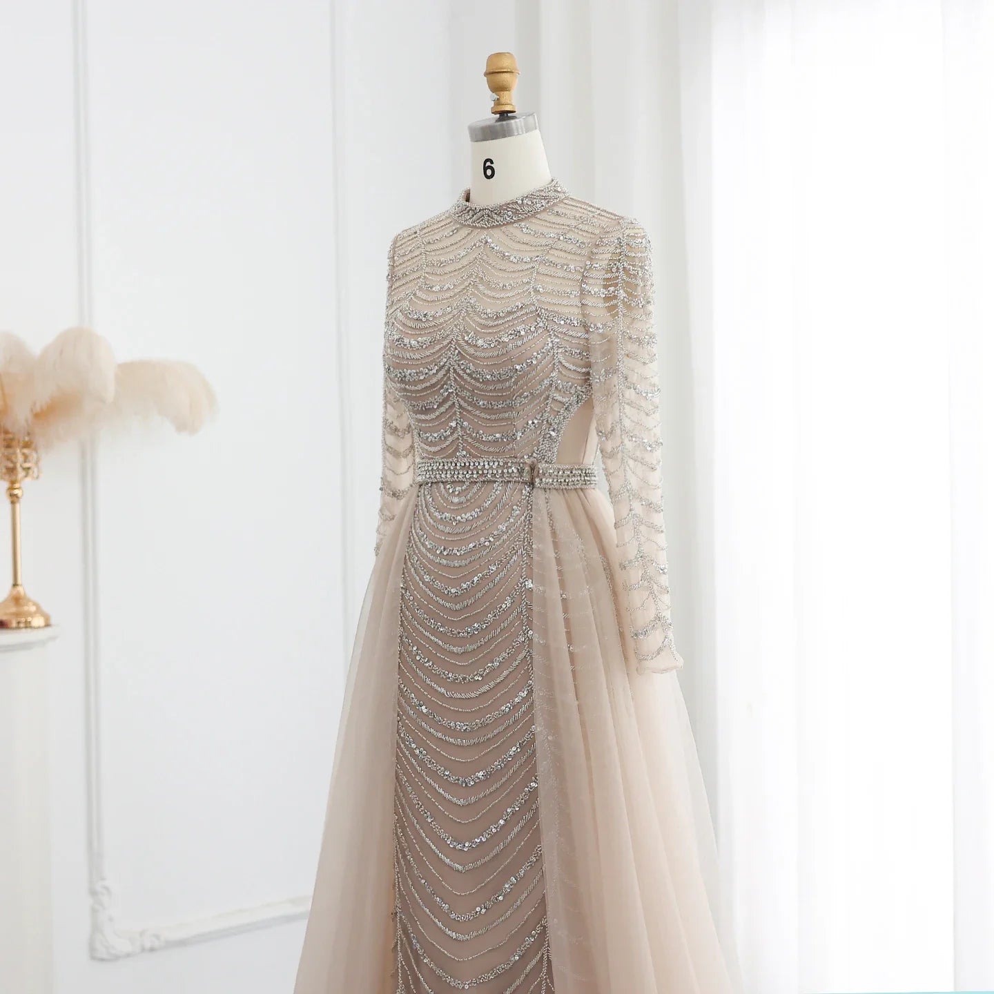 Champagne Mermaid Long Sleeves Dress with Overskirt