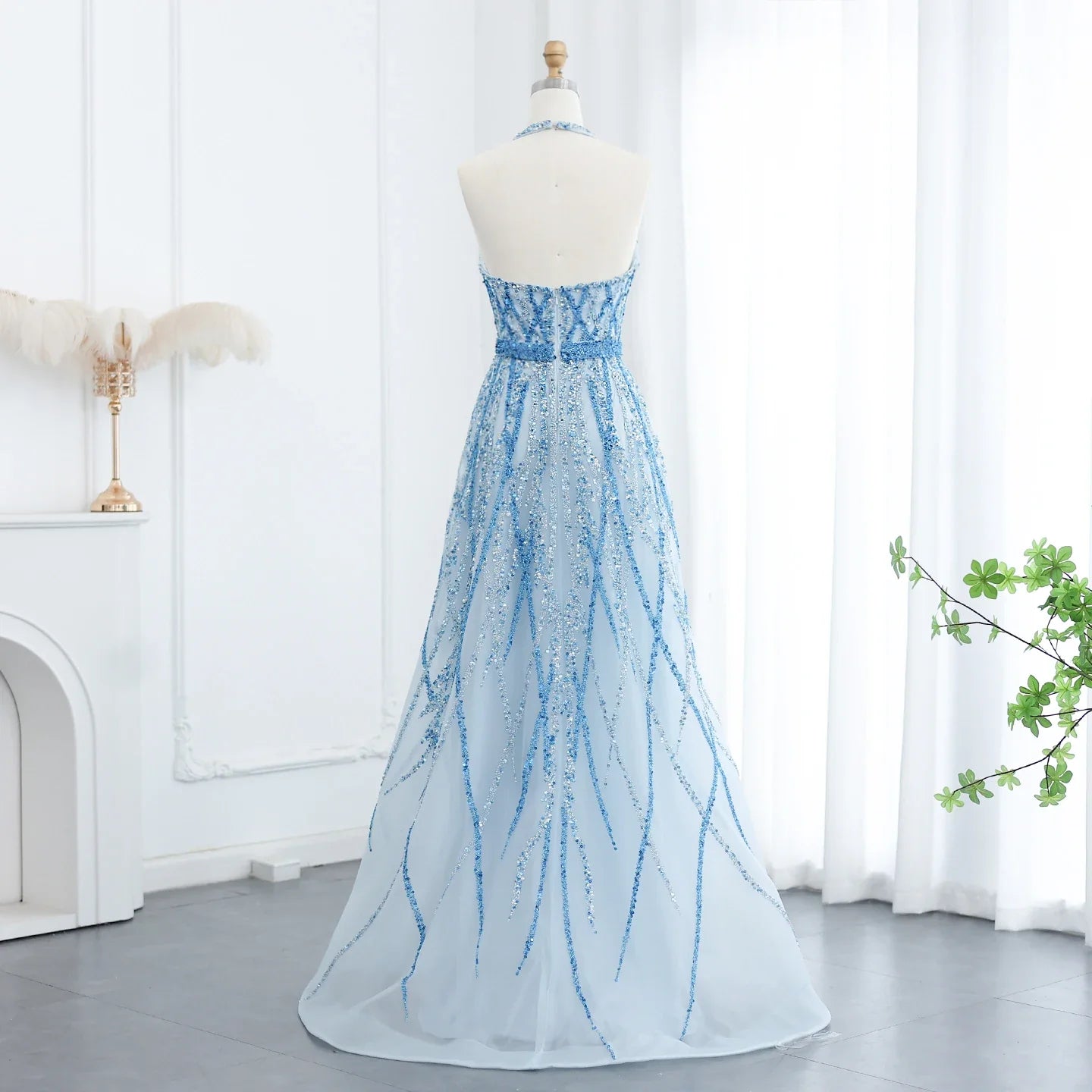 Beaded Halter A-Line Tulle Evening Dresses