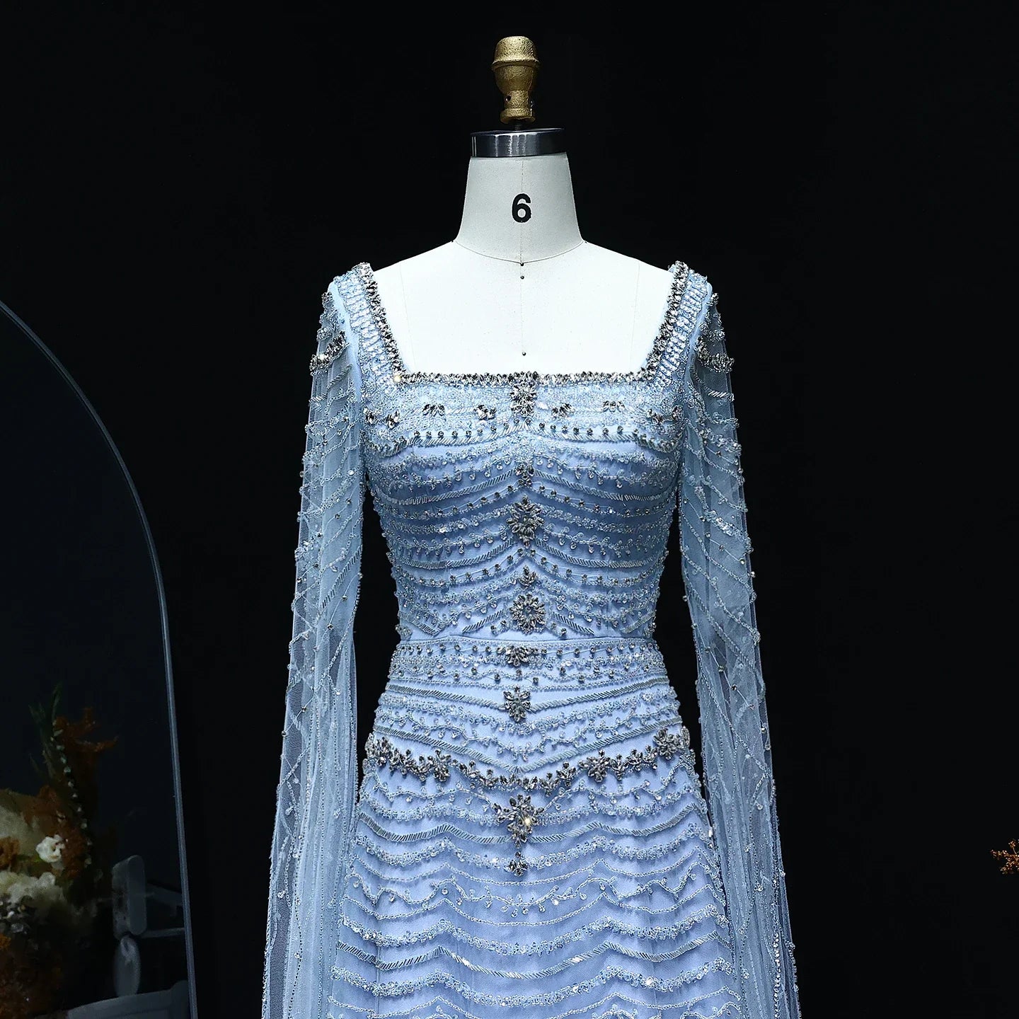 Blue Nude Evening Dress with Cape Sleeves