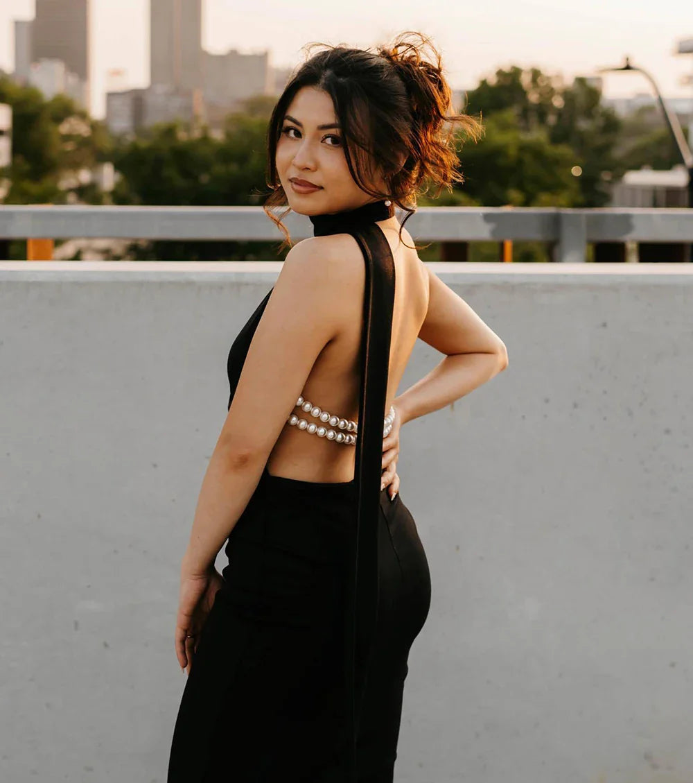 High Neck Satin Bareback Sleeveless Long Dress