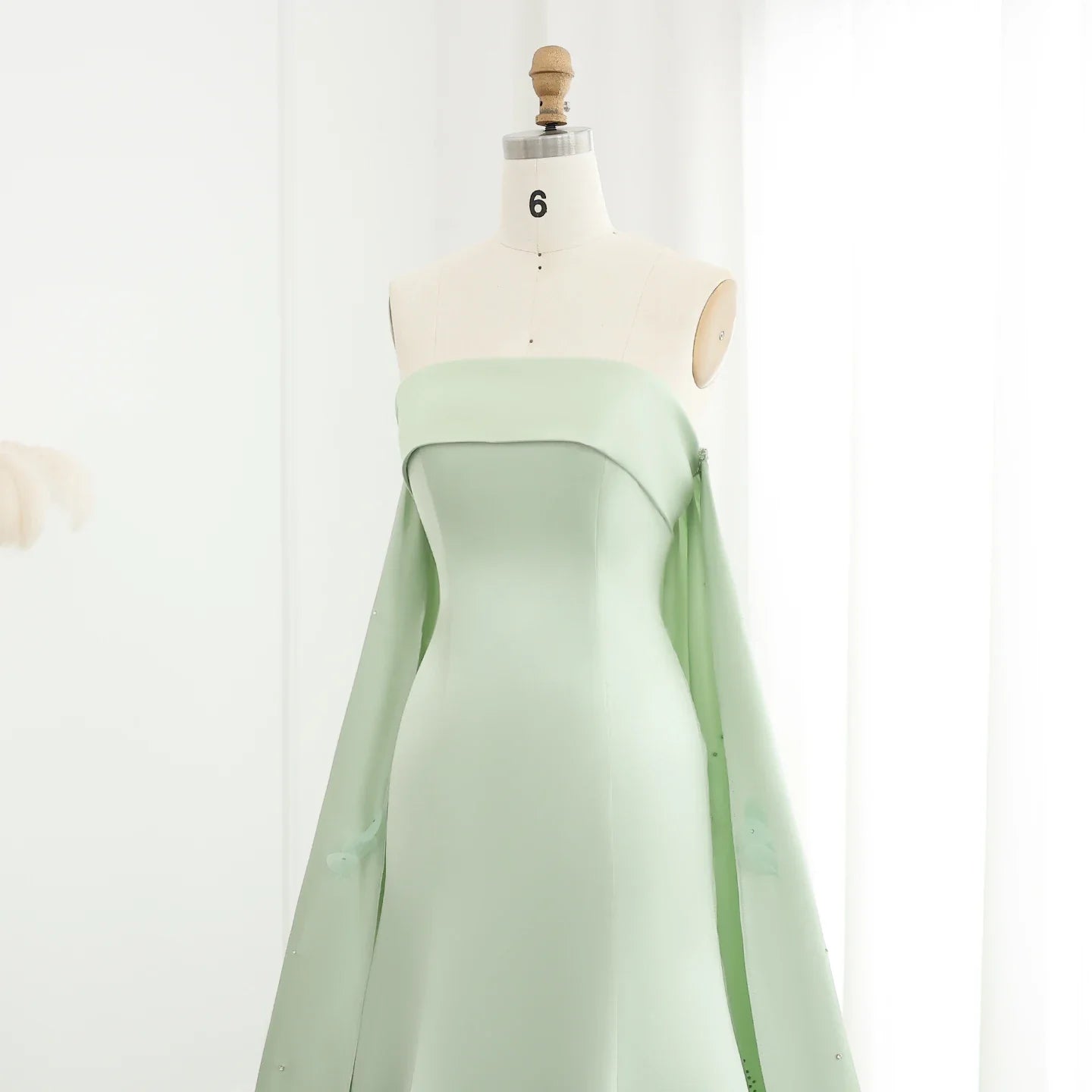 Crystal 3D flower Sage Green Satin Dress with Cape