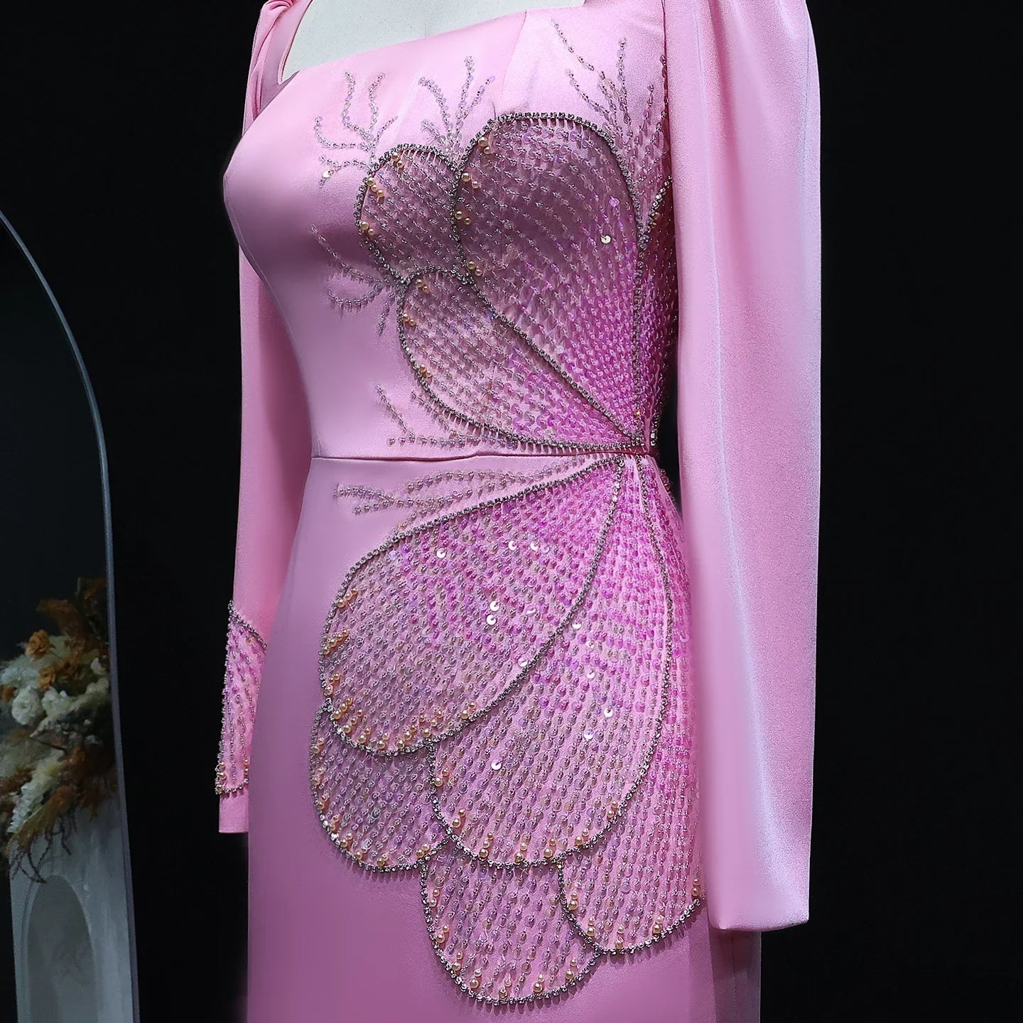 Pink Butterfly Beaded Long Sleeves Squared Neckline Gown