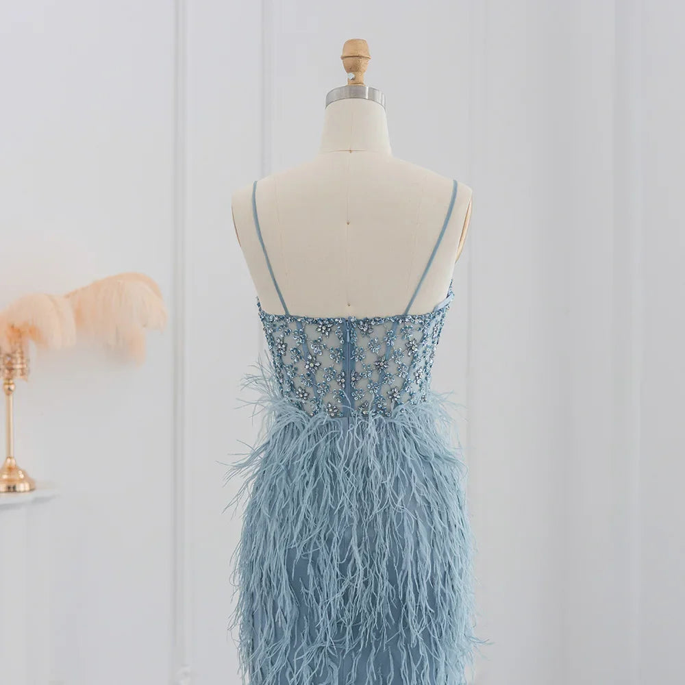 Feathers Spaghetti Straps Side Slit Prom Dress