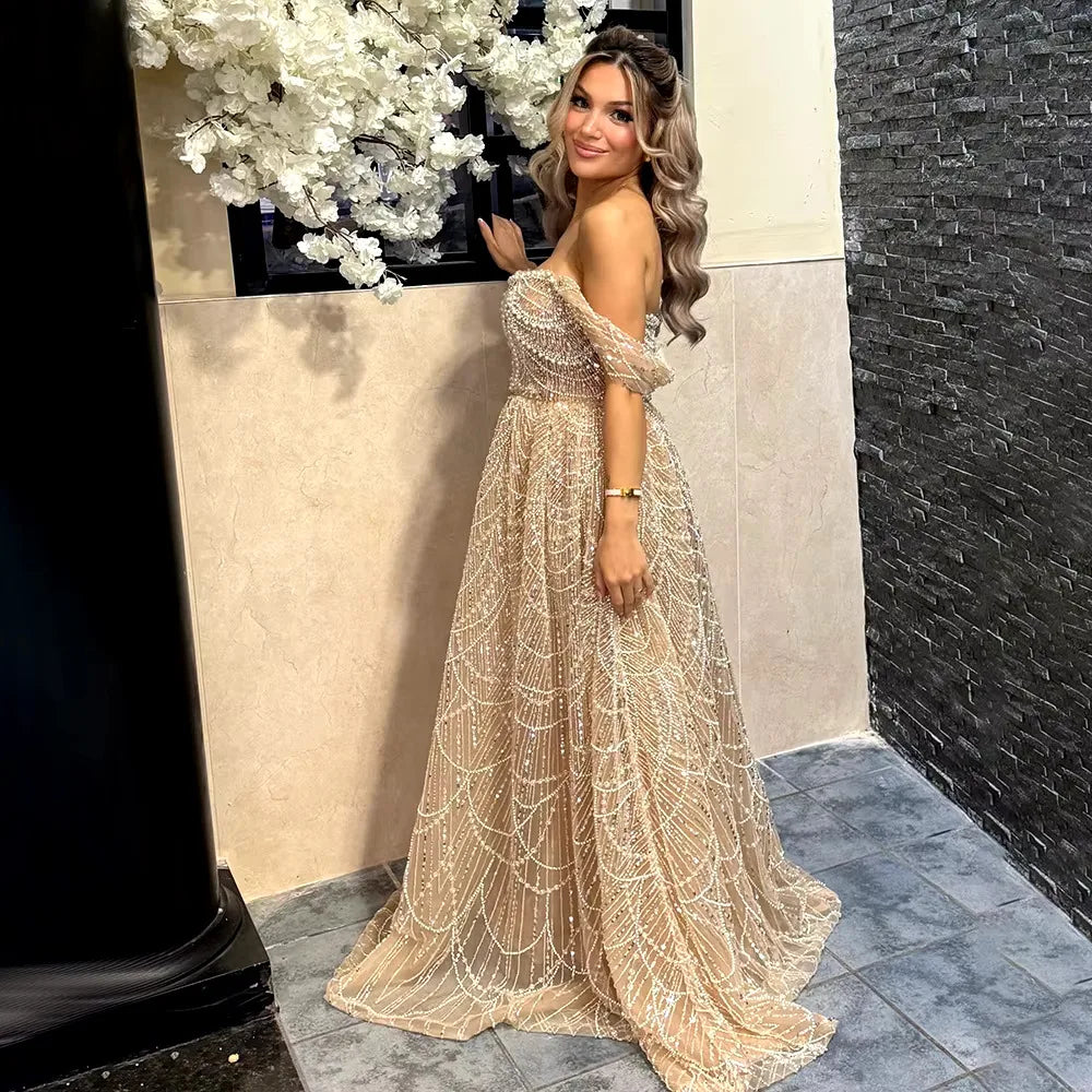 Beaded Off Shoulder Plus Size Formal Party Gowns