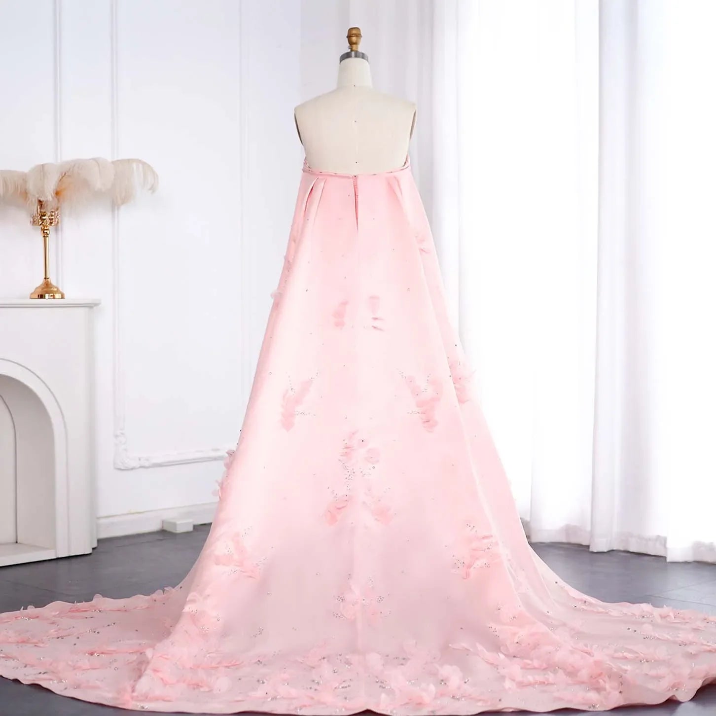 Crystal 3D flower Sage Green Satin Dress with Cape