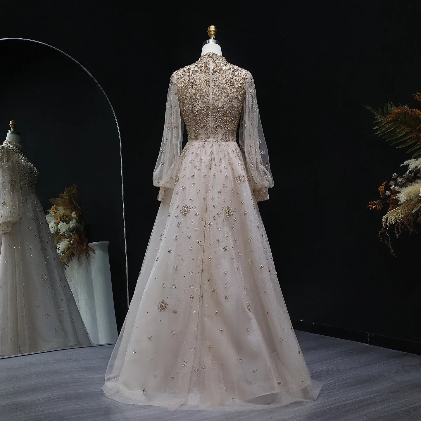 Beaded Champagne Long Sleeves Formal Gowns