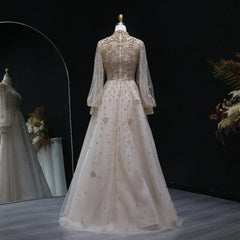 Beaded Champagne Long Sleeves Formal Gowns