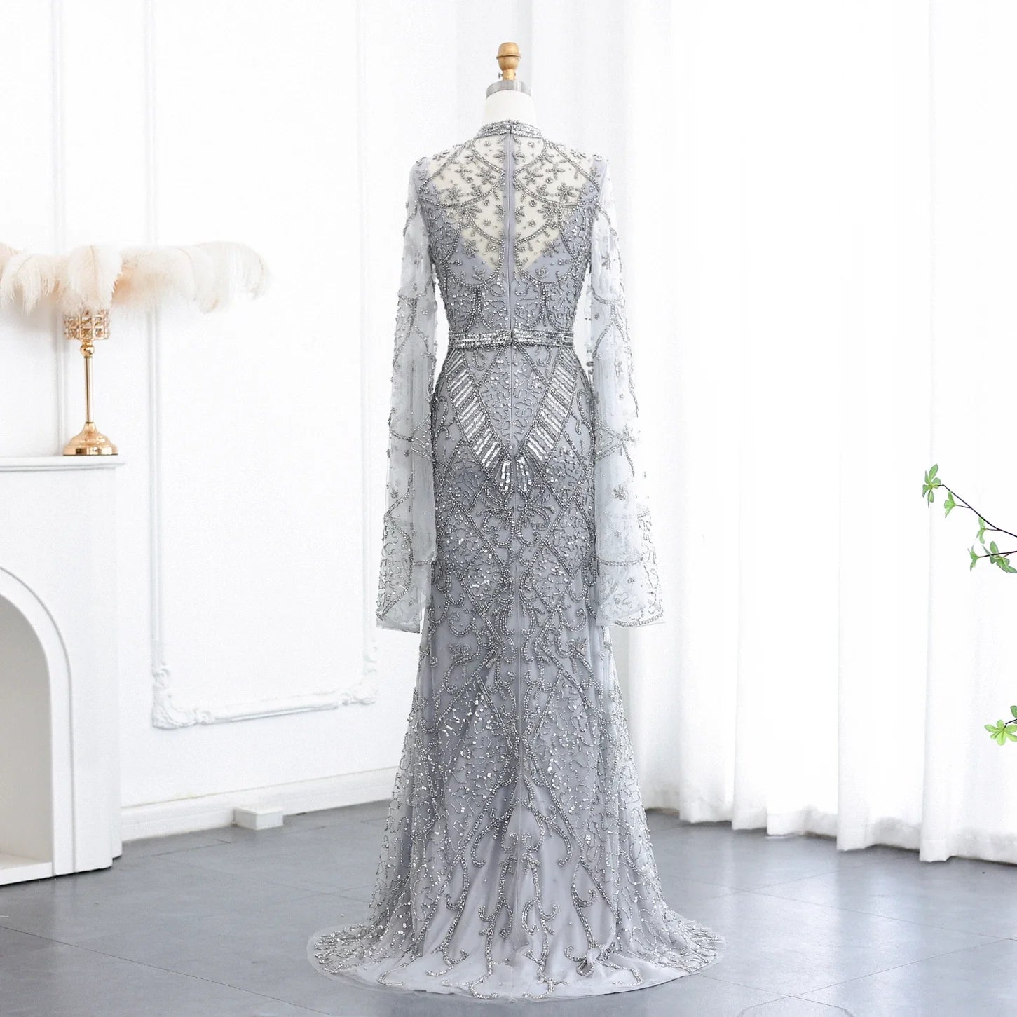 Black Beaded Flare Long Sleeves High Neck Gowns