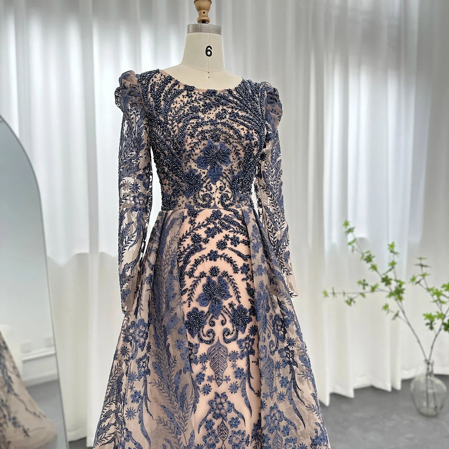 Wine Red Overskirt Long Sleeves Gown
