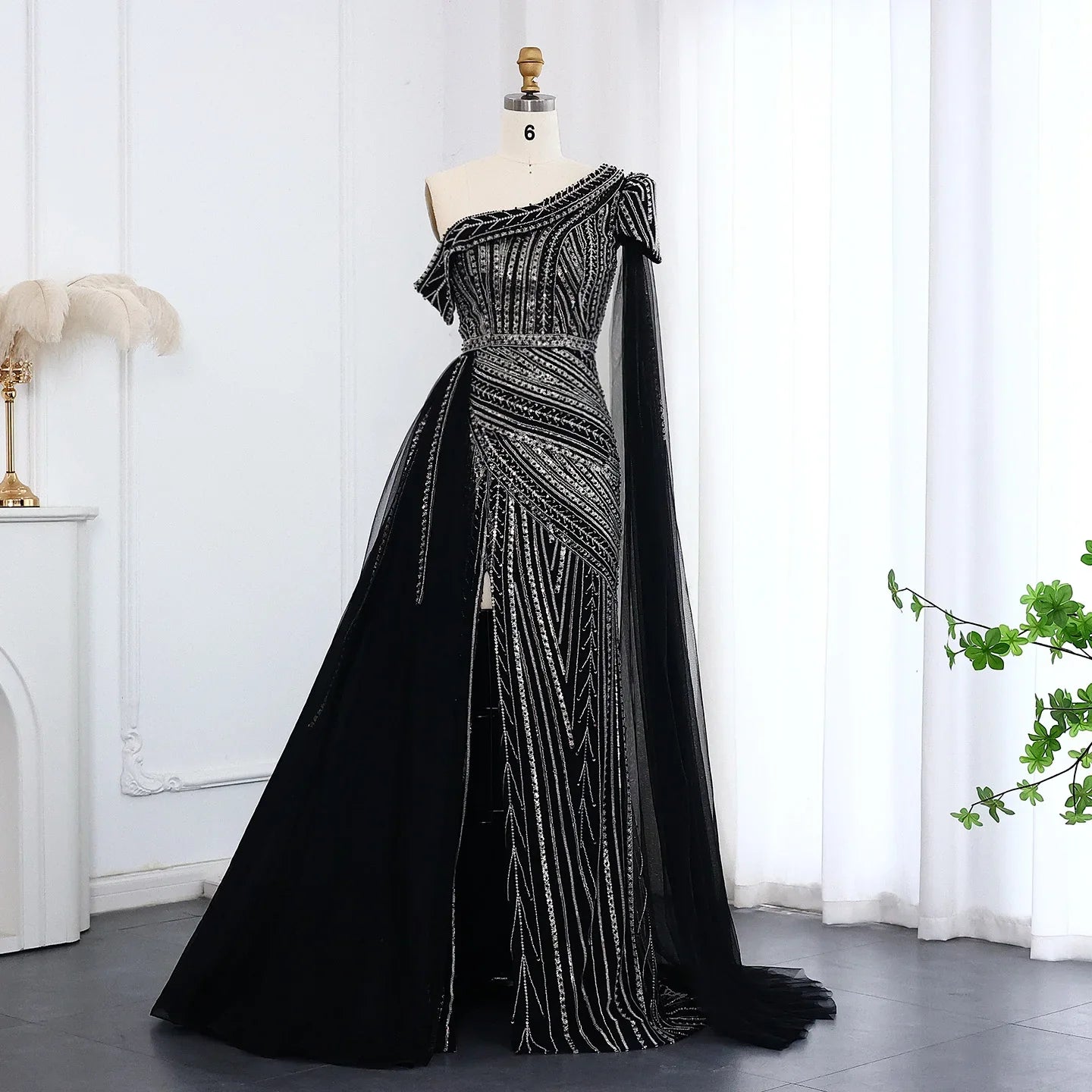One-Shoulder Cape Sleeves Overskirt Party Gown