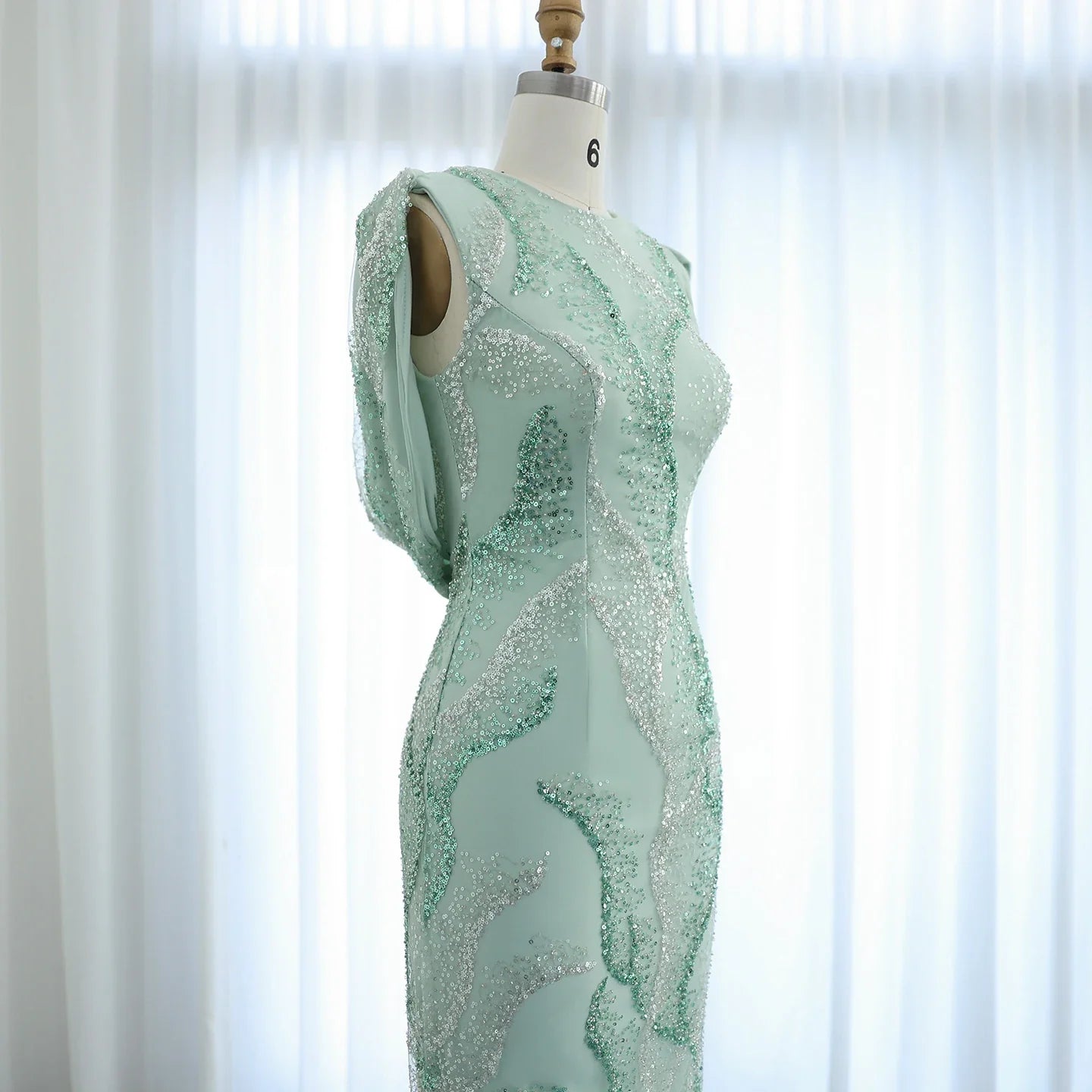 Sage Green Feathers Graduation Prom Dress
