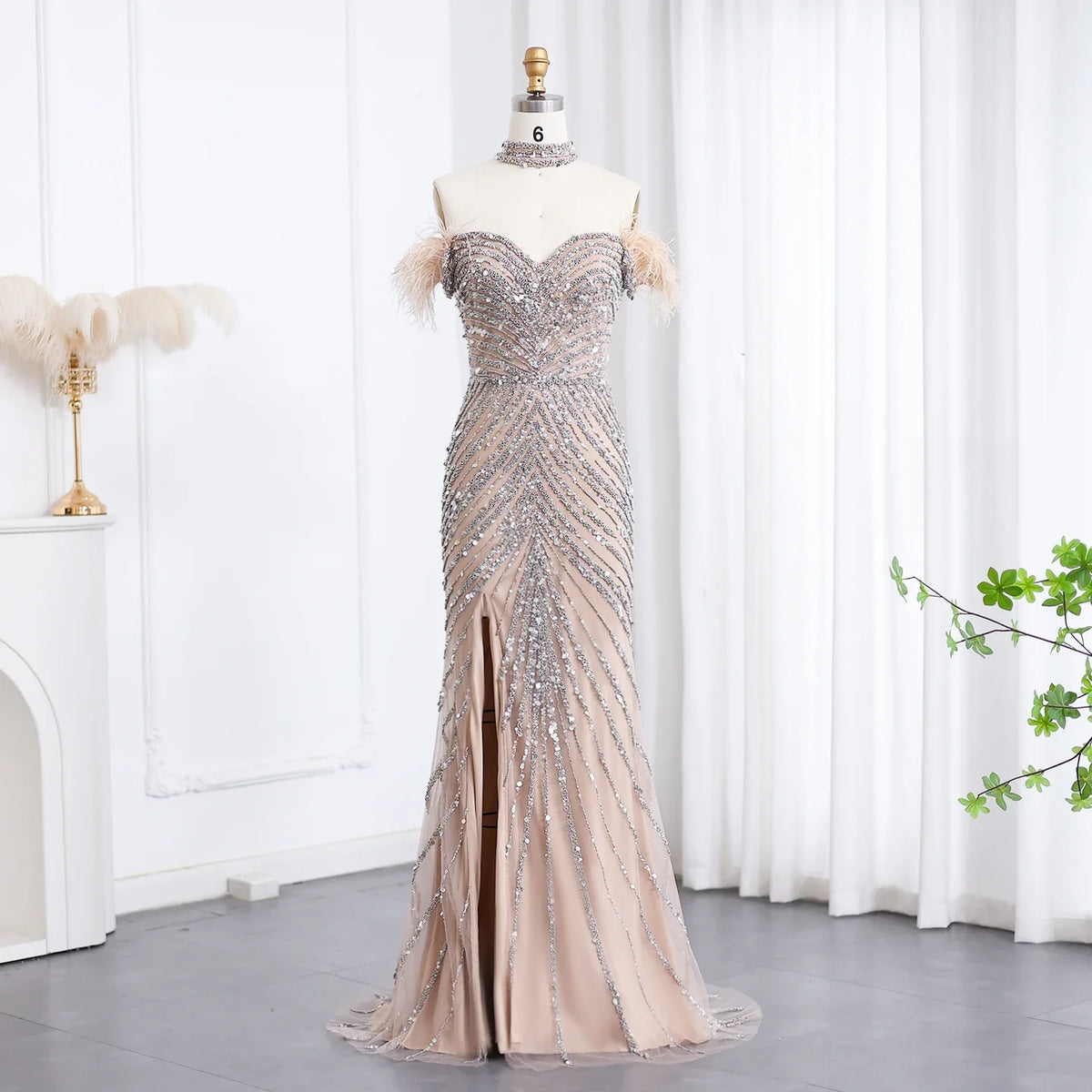 Beaded Feather Slit Mermaid Off-Shoulder Tulle Dress