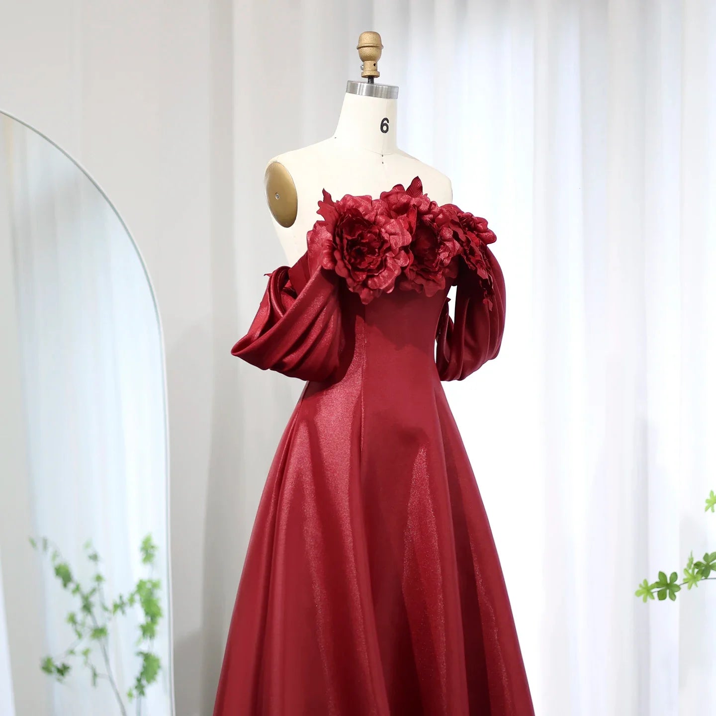 Burgundy 3D Flower Off-Shoulder Satin Evening Dress