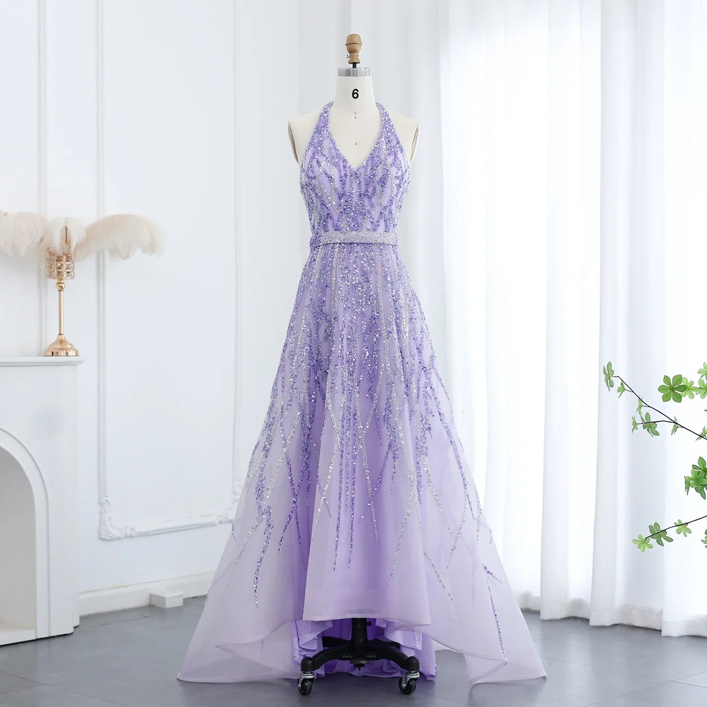 Beaded Halter A-Line Tulle Evening Dresses