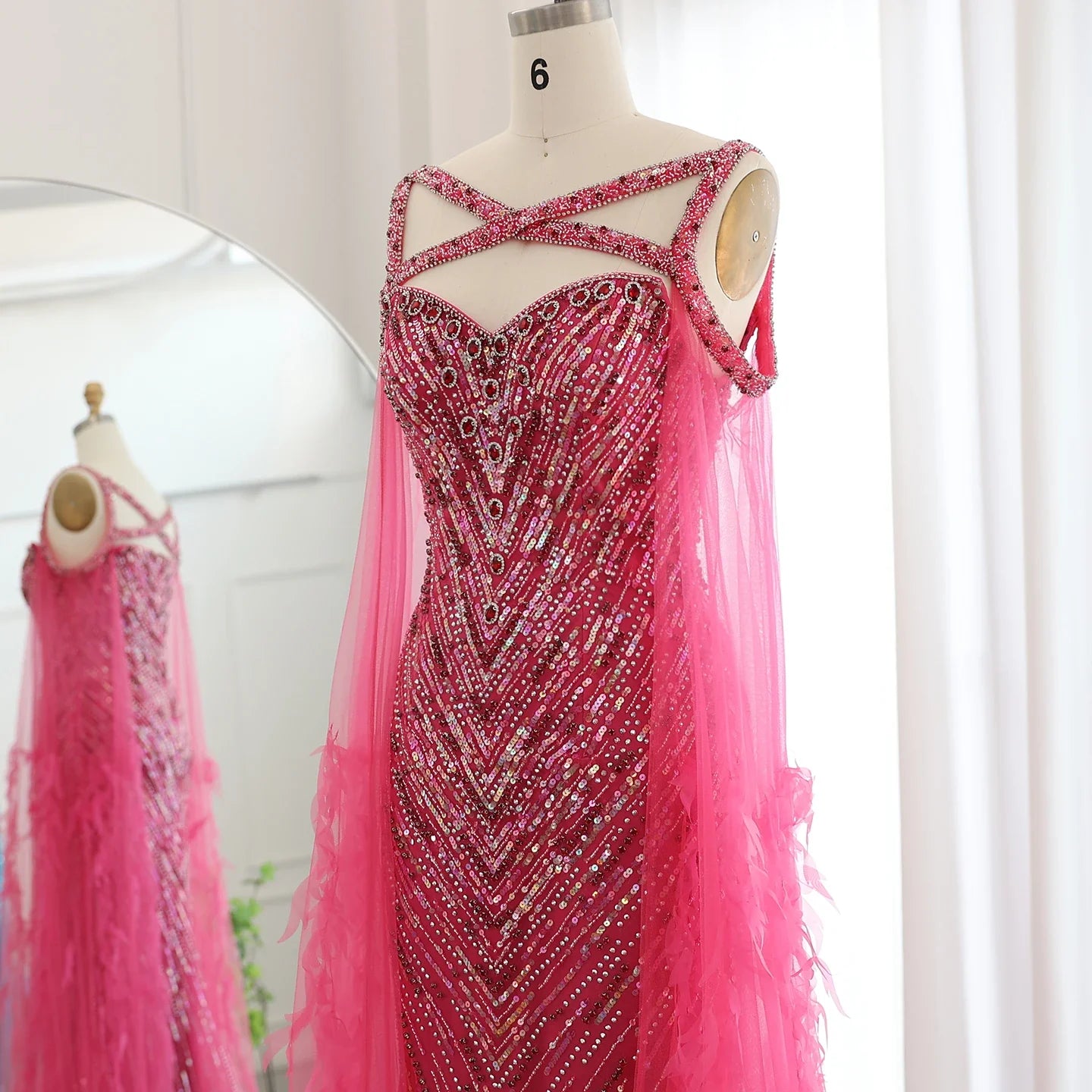Crystal Fuchsia Mermaid Evening Dresses with Cape Sleeves