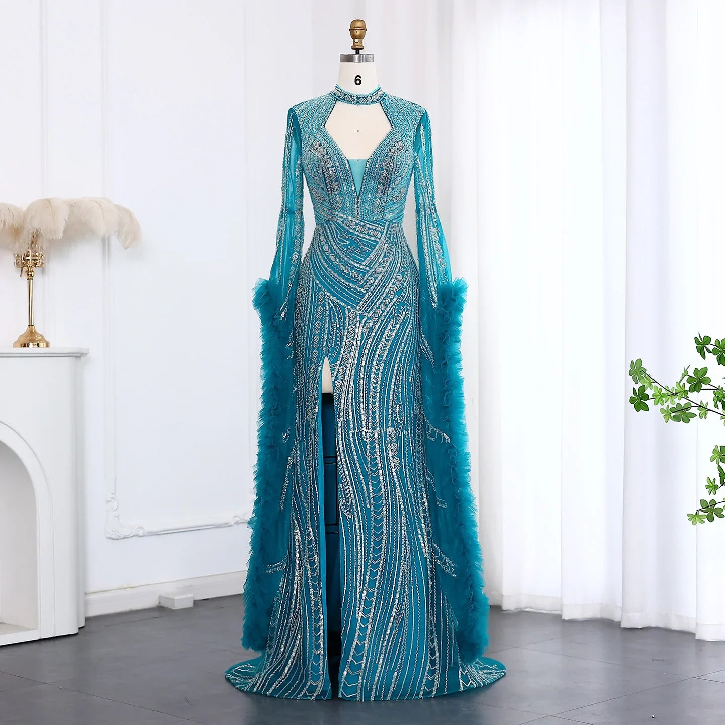 Halter Neck Mermaid Evening Dress with Cape Sleeves