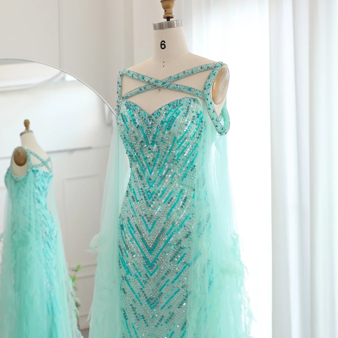 Crystal Fuchsia Mermaid Evening Dresses with Cape Sleeves