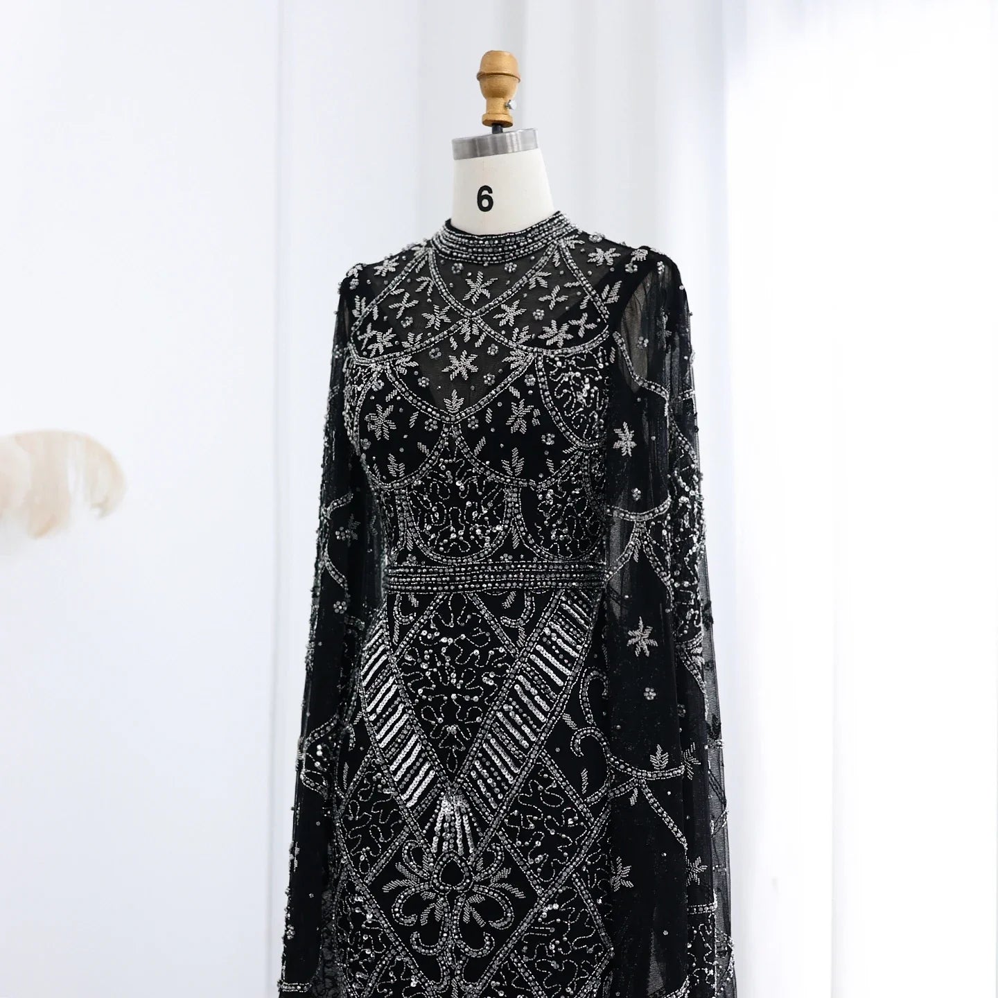 Black Beaded Flare Long Sleeves High Neck Gowns