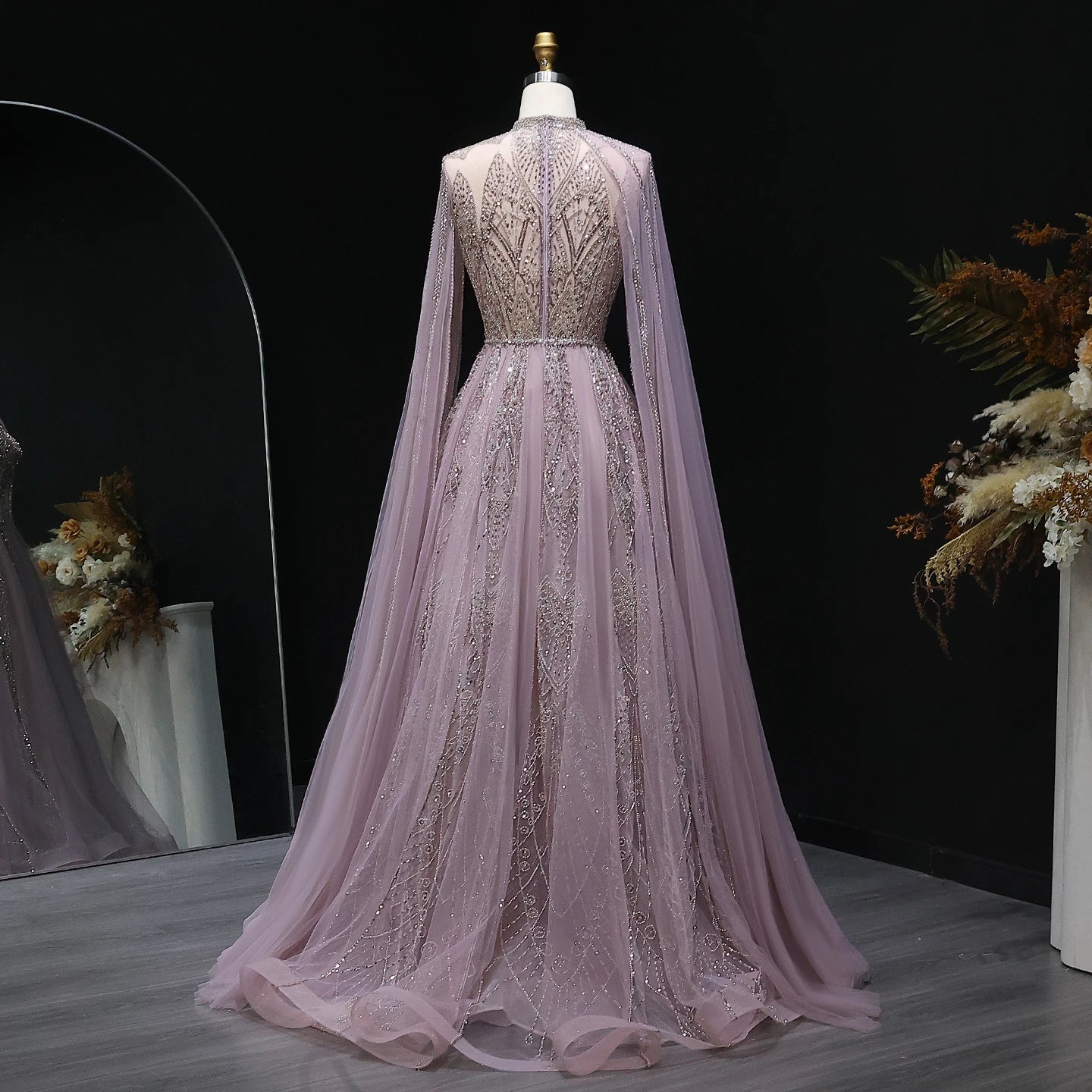 Pink Cape Sleeves Brown Party Gown