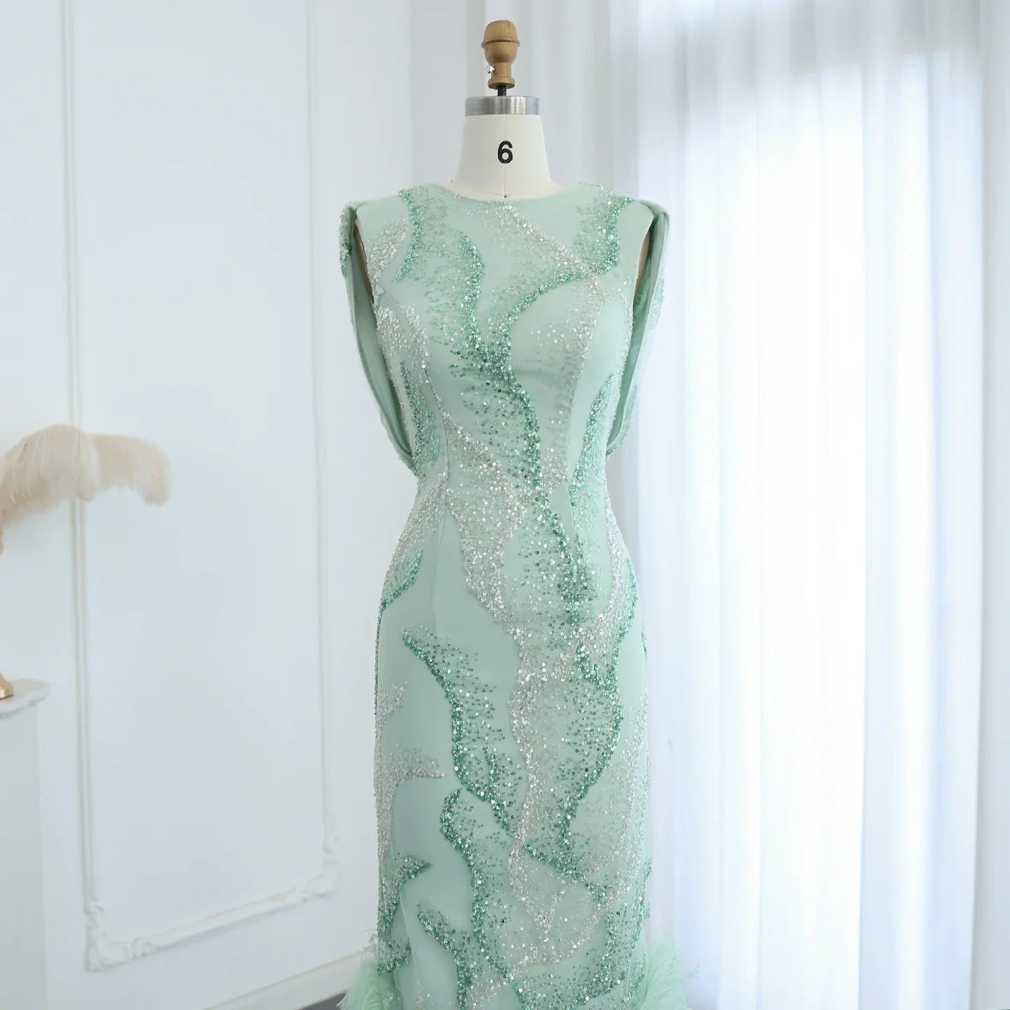 Sage Green Feathers Graduation Prom Dress
