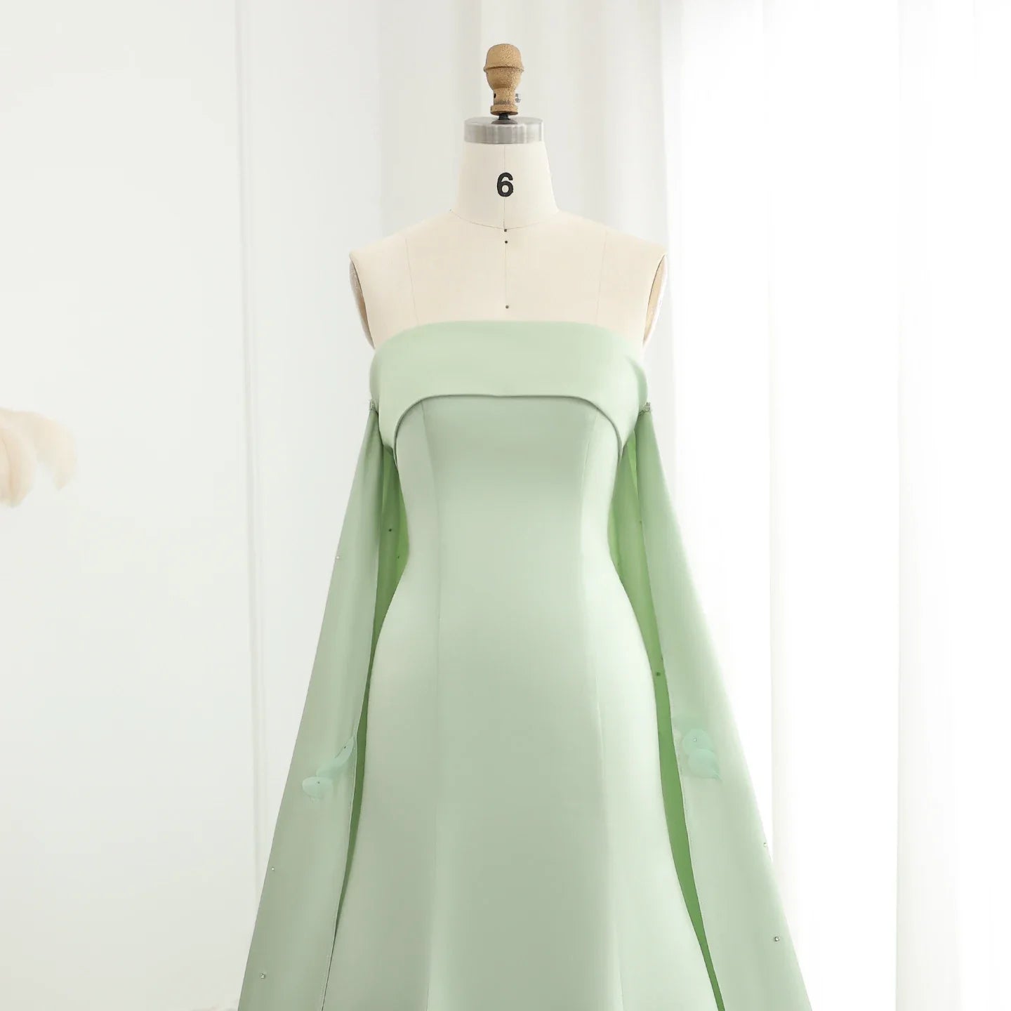Crystal 3D flower Sage Green Satin Dress with Cape