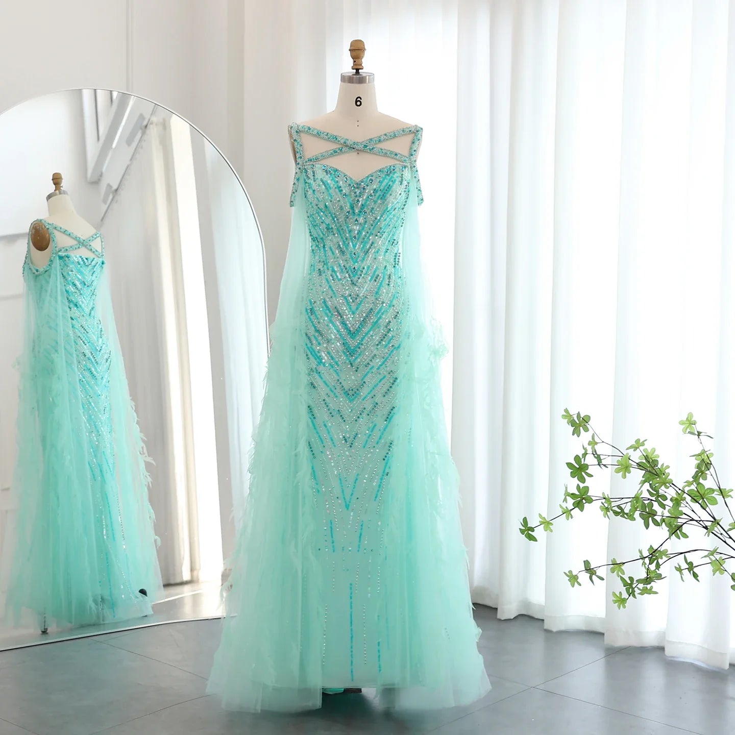 Crystal Fuchsia Mermaid Evening Dresses with Cape Sleeves