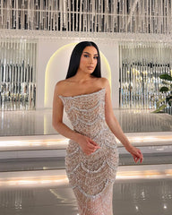 Silver Nude Pearls Strapless Long Evening Dress