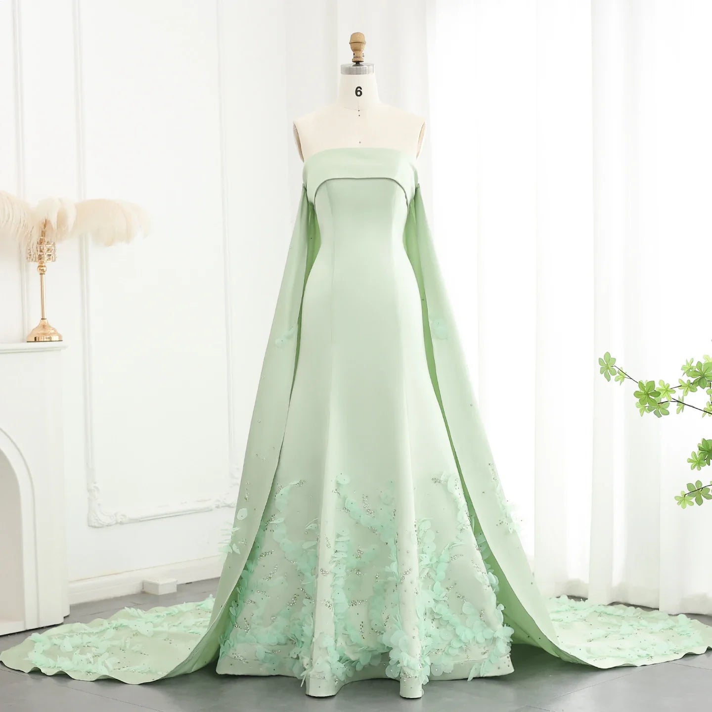 Crystal 3D flower Sage Green Satin Dress with Cape