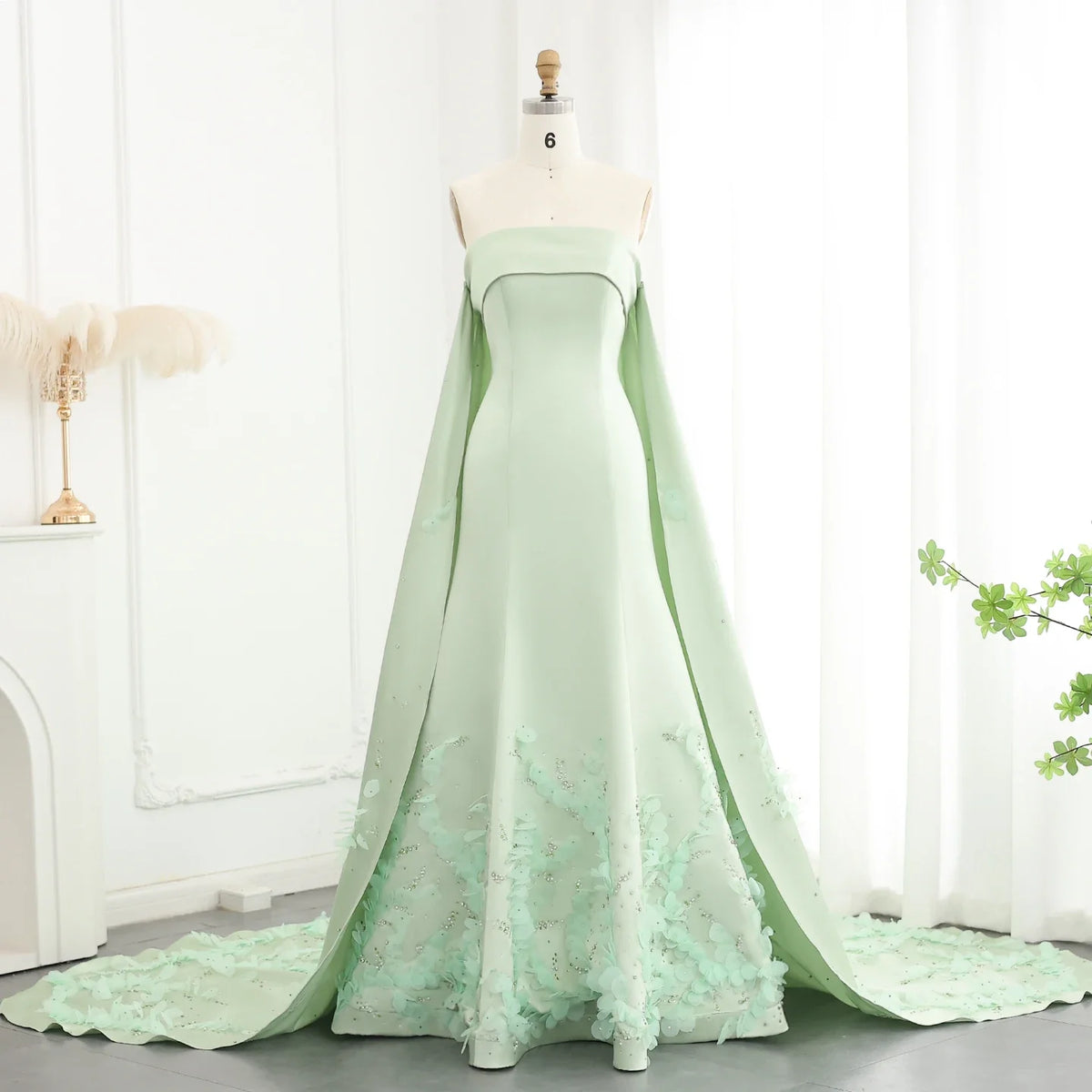 Crystal 3D flower Sage Green Satin Dress with Cape