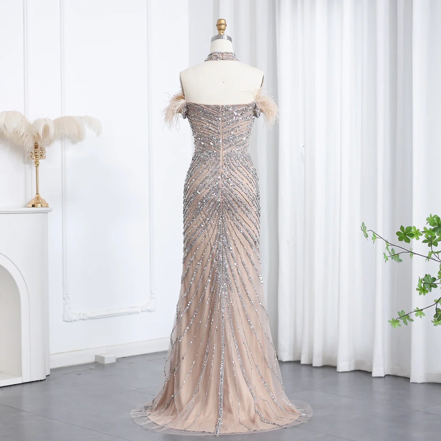 Beaded Feather Slit Mermaid Off-Shoulder Tulle Dress