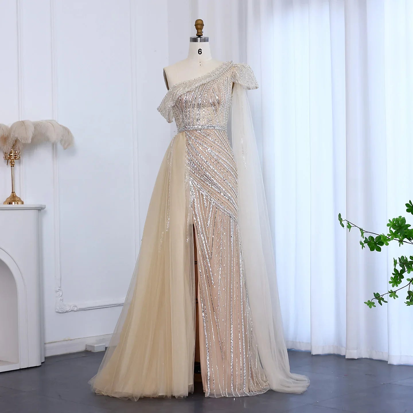 One-Shoulder Cape Sleeves Overskirt Party Gown