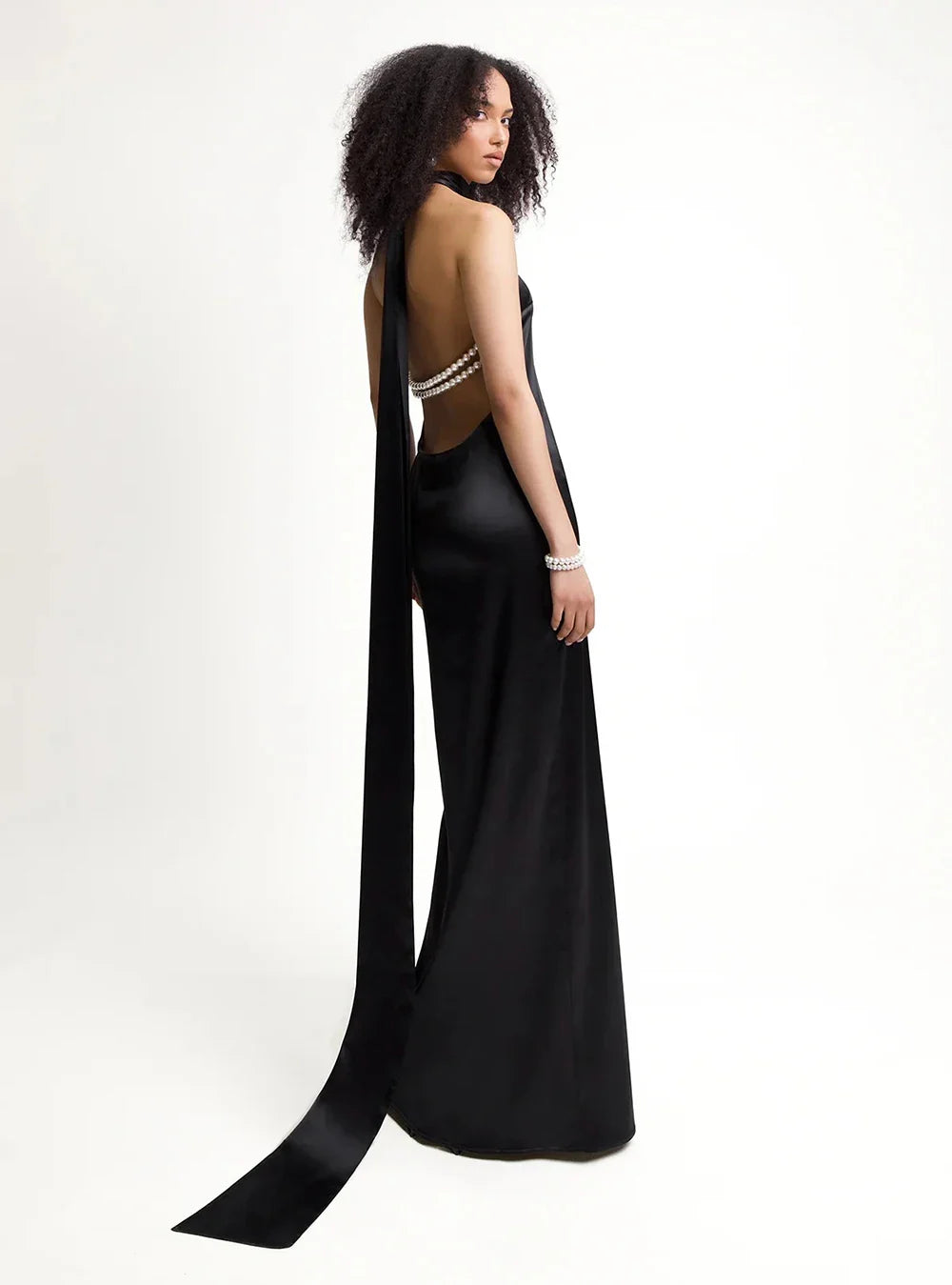 High Neck Satin Bareback Sleeveless Long Dress