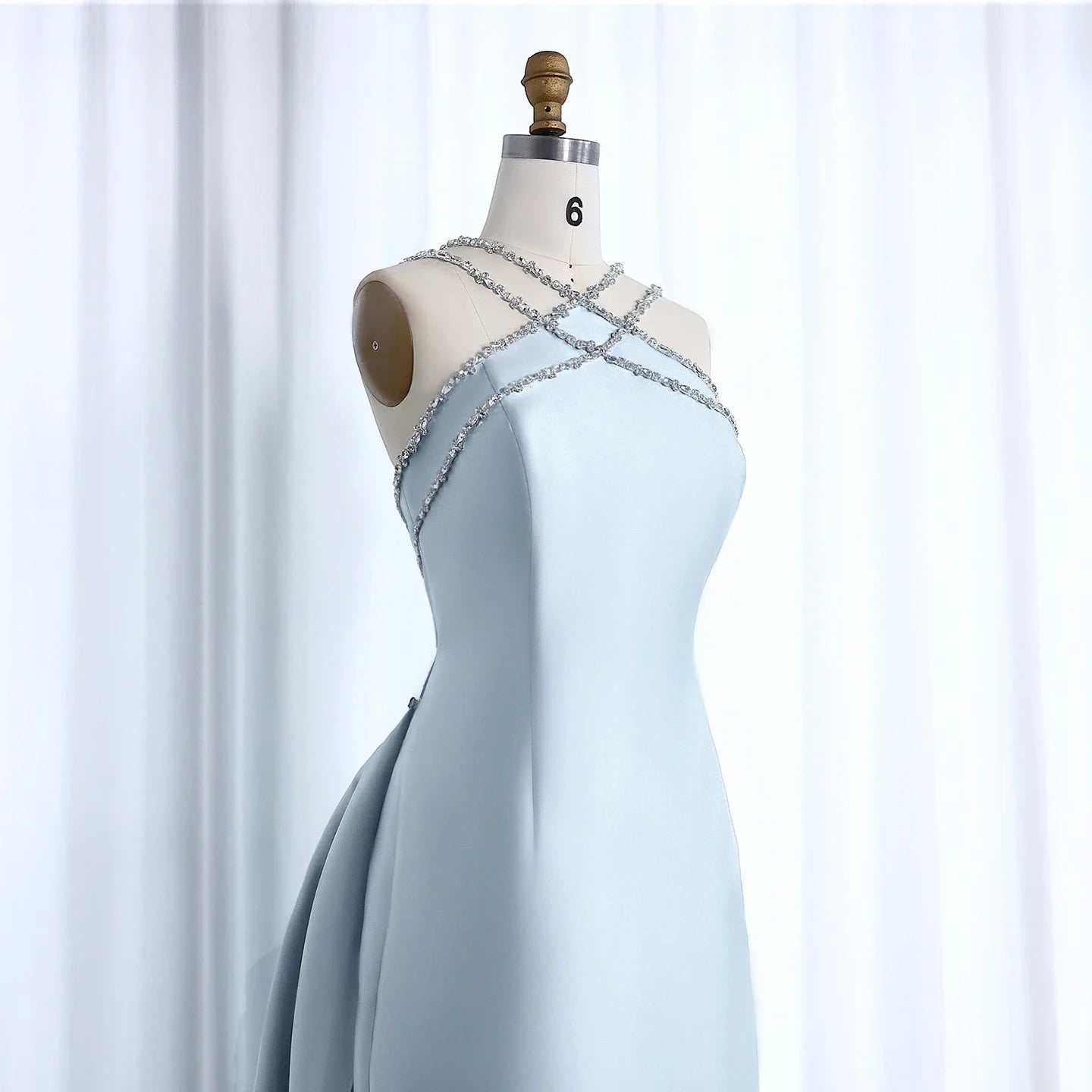 Light Blue Satin Overskirt Formal Party Gown