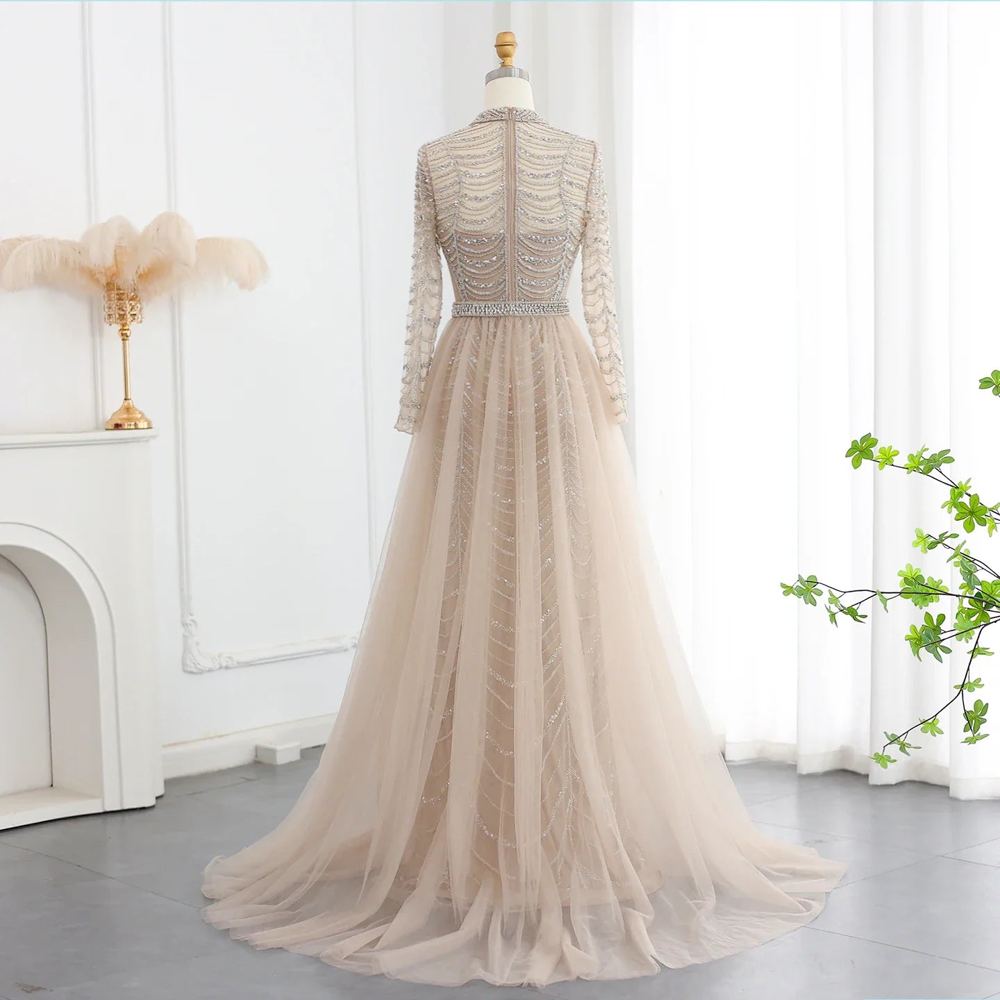 Champagne Mermaid Long Sleeves Dress with Overskirt