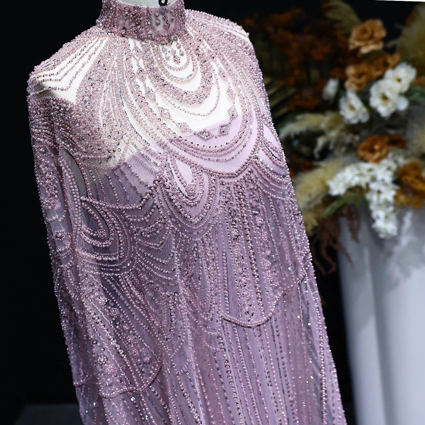 Beaded Nude Kaftan Evening Dress
