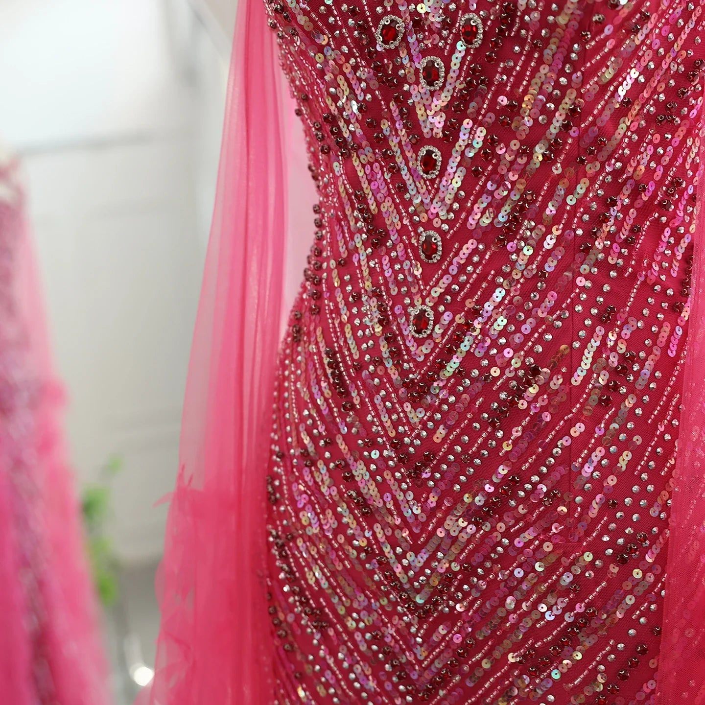 Crystal Fuchsia Mermaid Evening Dresses with Cape Sleeves