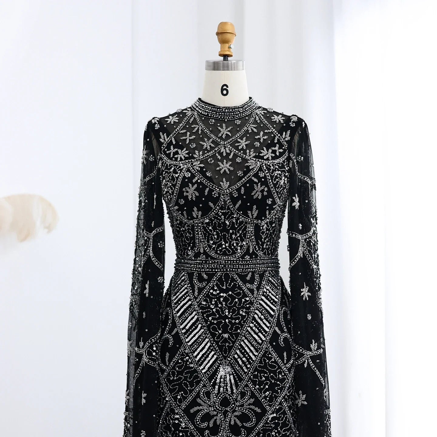 Black Beaded Flare Long Sleeves High Neck Gowns