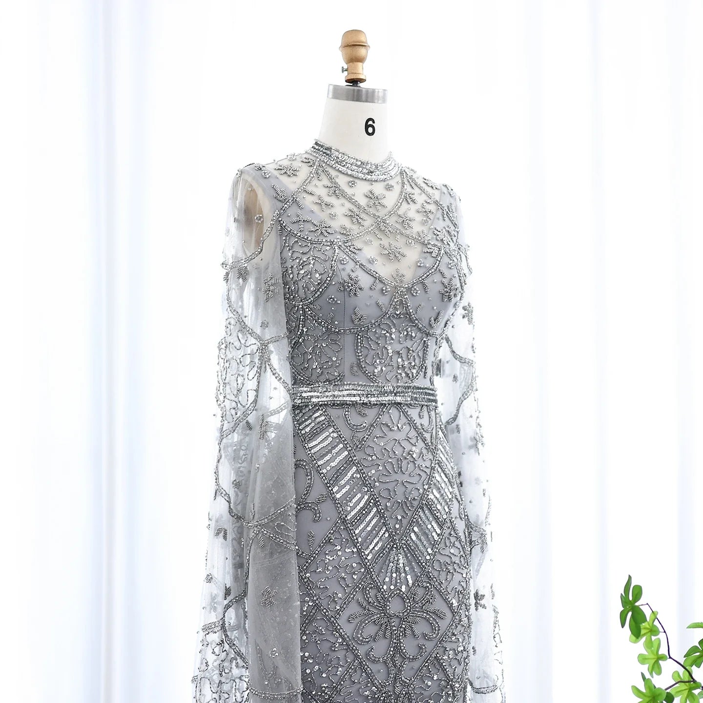 Black Beaded Flare Long Sleeves High Neck Gowns