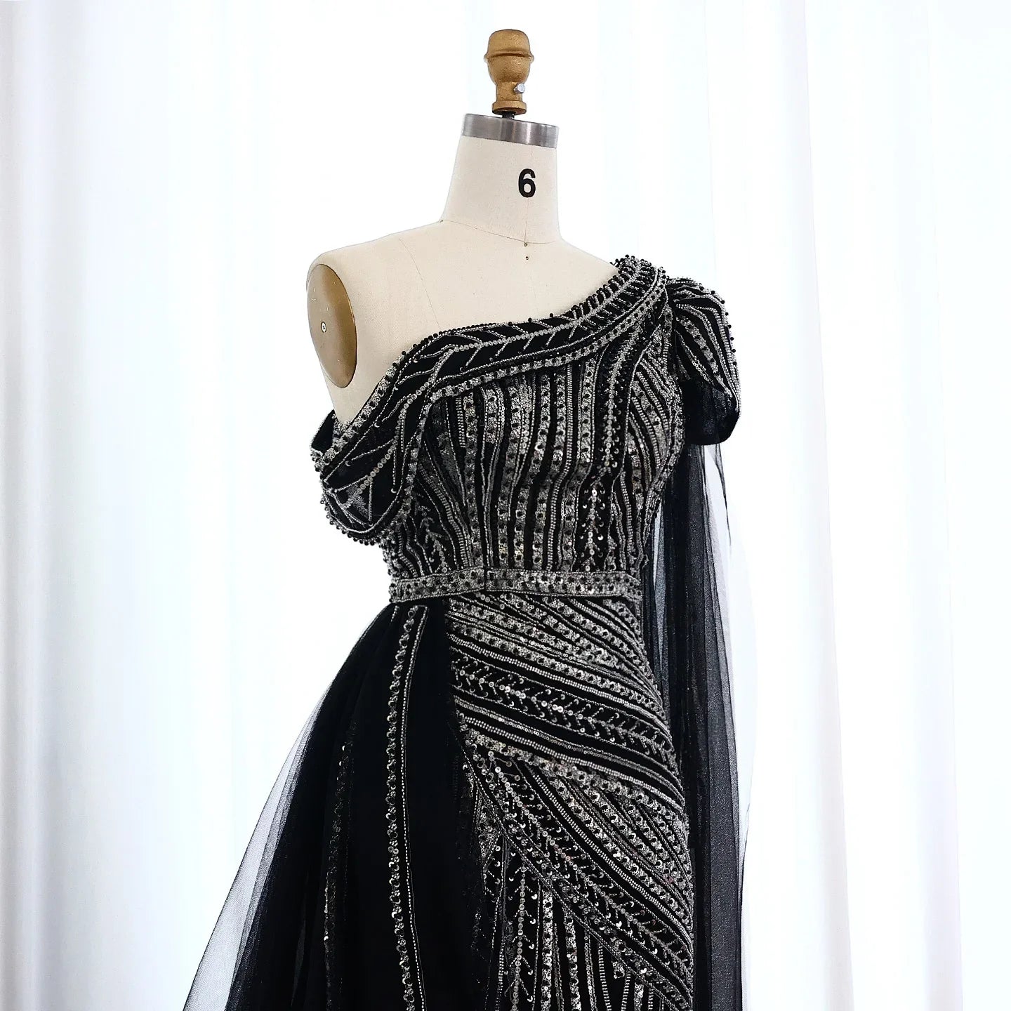 One-Shoulder Cape Sleeves Overskirt Party Gown