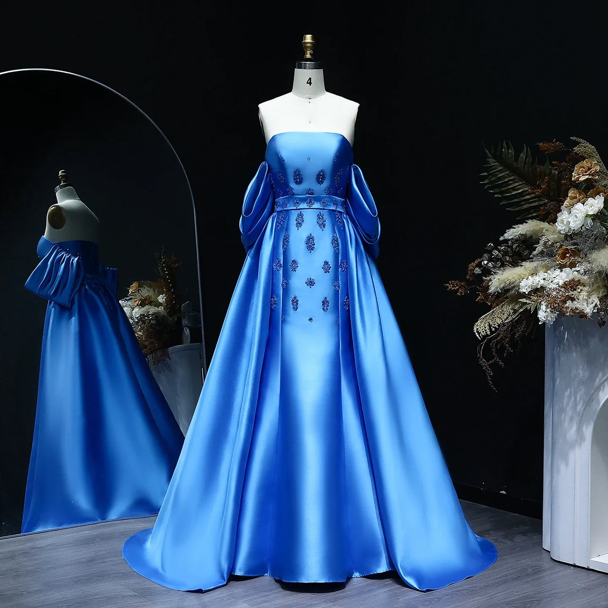 Satin Blue Detachable Overskirt Cape Sleeve Party Gown