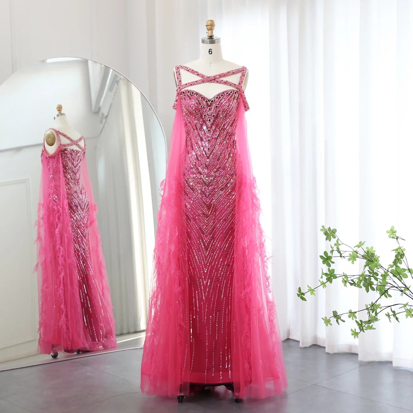 Crystal Fuchsia Mermaid Evening Dresses with Cape Sleeves
