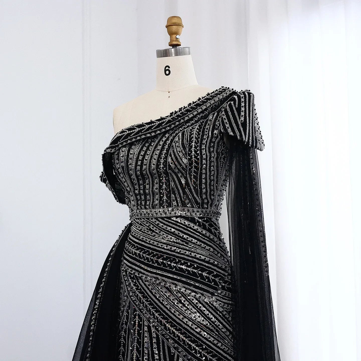 One-Shoulder Cape Sleeves Overskirt Party Gown